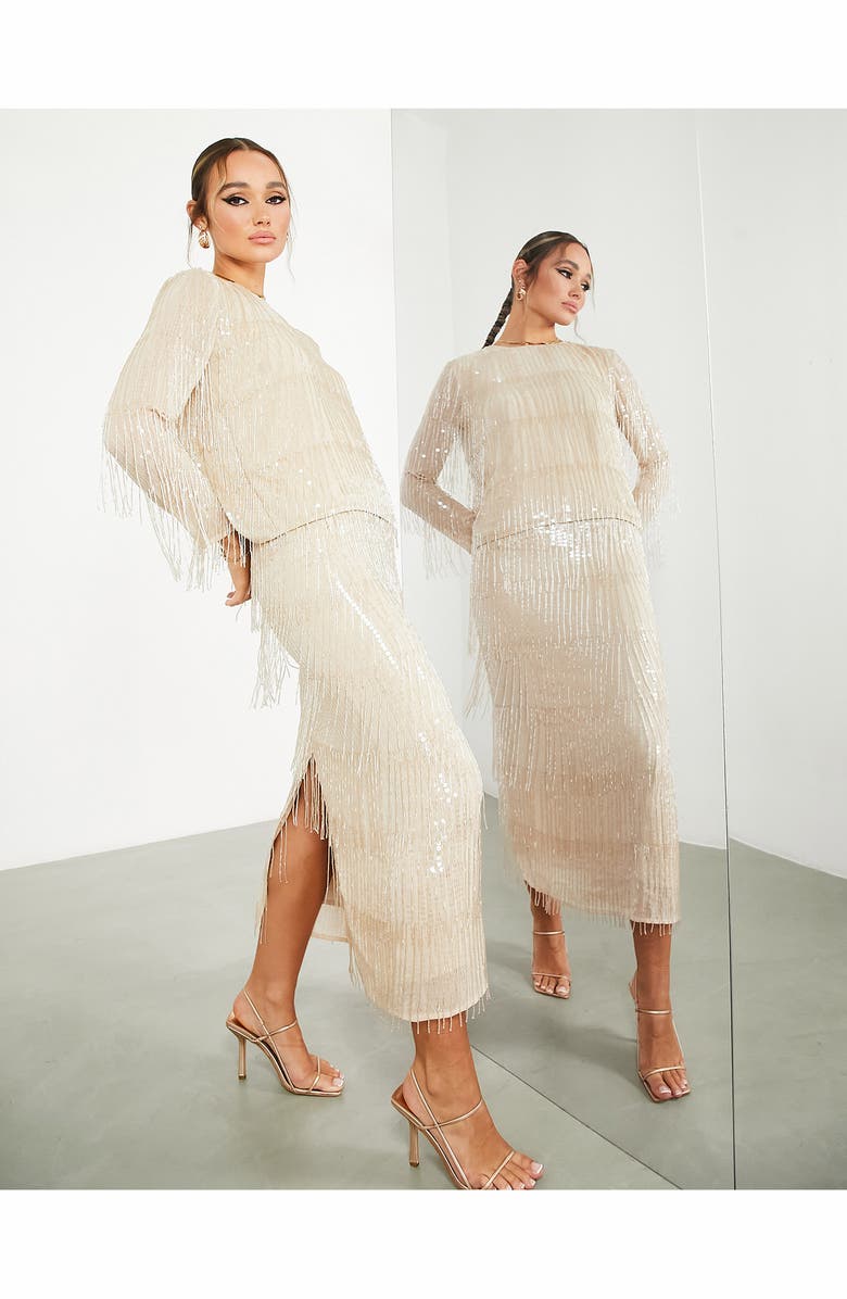 ASOS DESIGN Sequin Fringe Pencil Skirt, Alternate, color, Beige