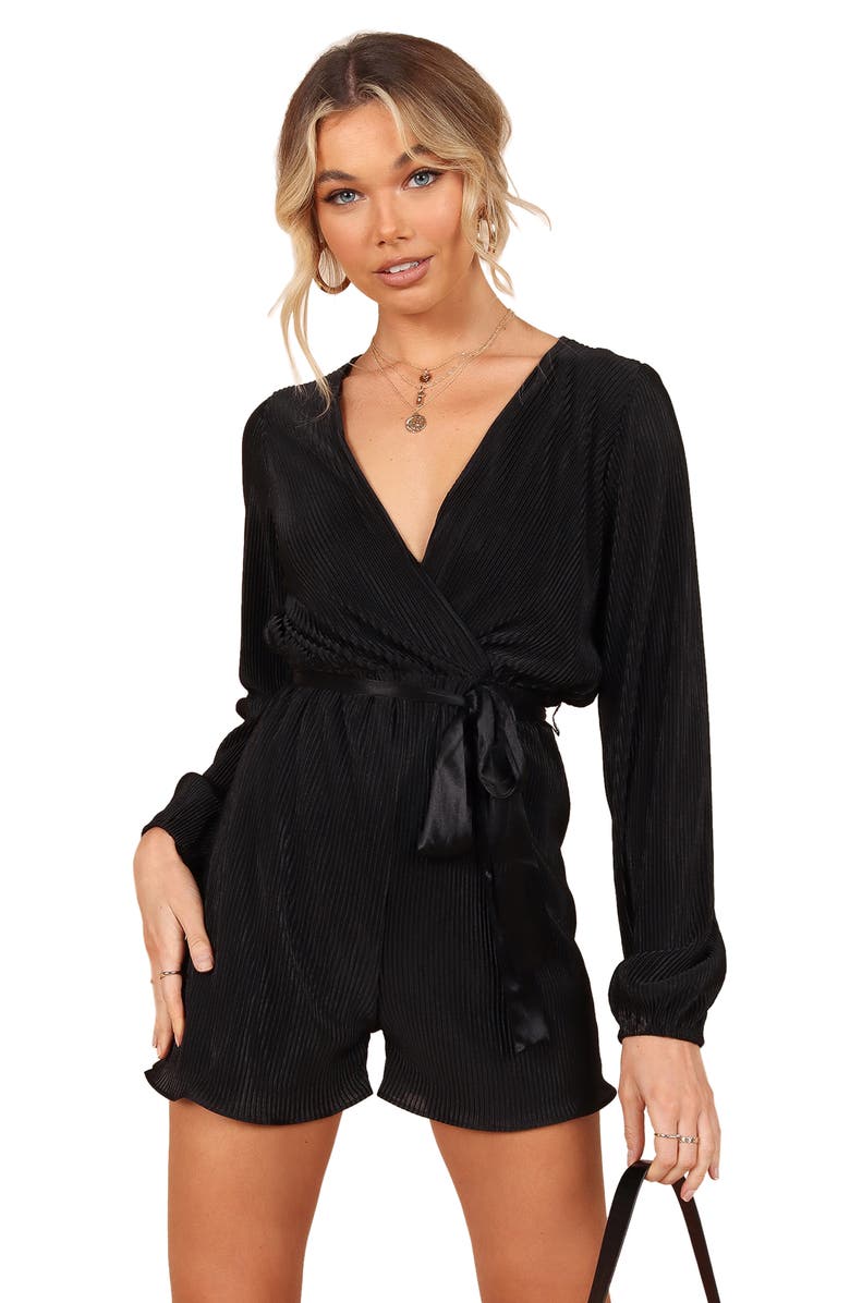 Petal & Pup Minelli Pleated Long Sleeve Romper, Alternate, color, Black
