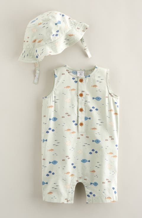 Print Henley Romper & Hat Set (Baby)