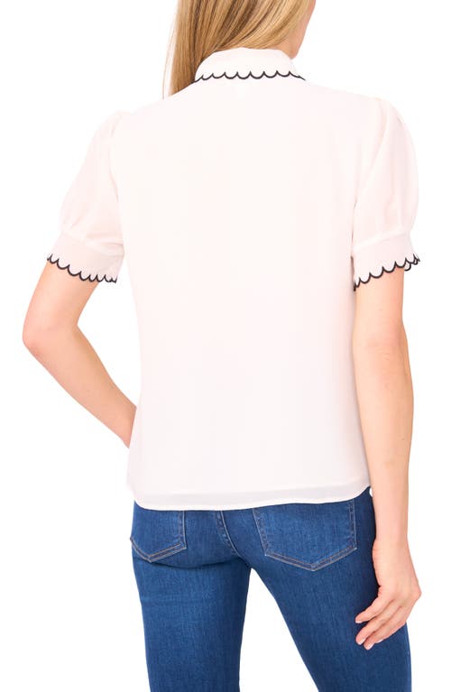 Cece Scallop Trim Puff Sleeve Button-up Shirt In White