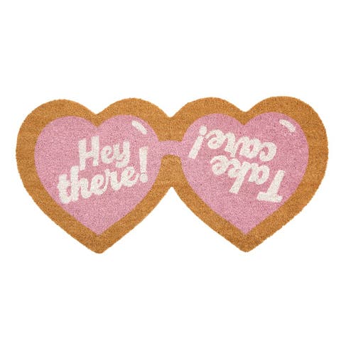 Heart-Shaped Sunglass Shaped Coir Doormat, Natural/Pink