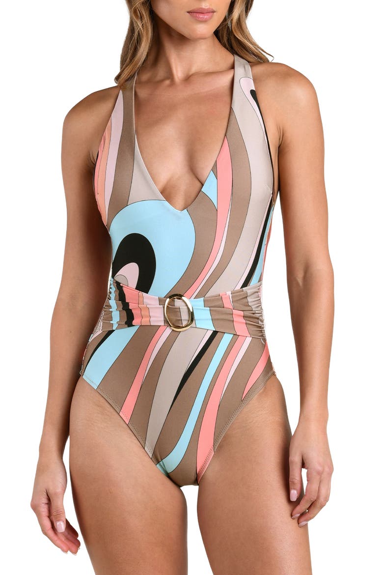 Lisa Abstract Swirl Plunge One-Piece Swimsuit, Main, color, BROWN MULTI