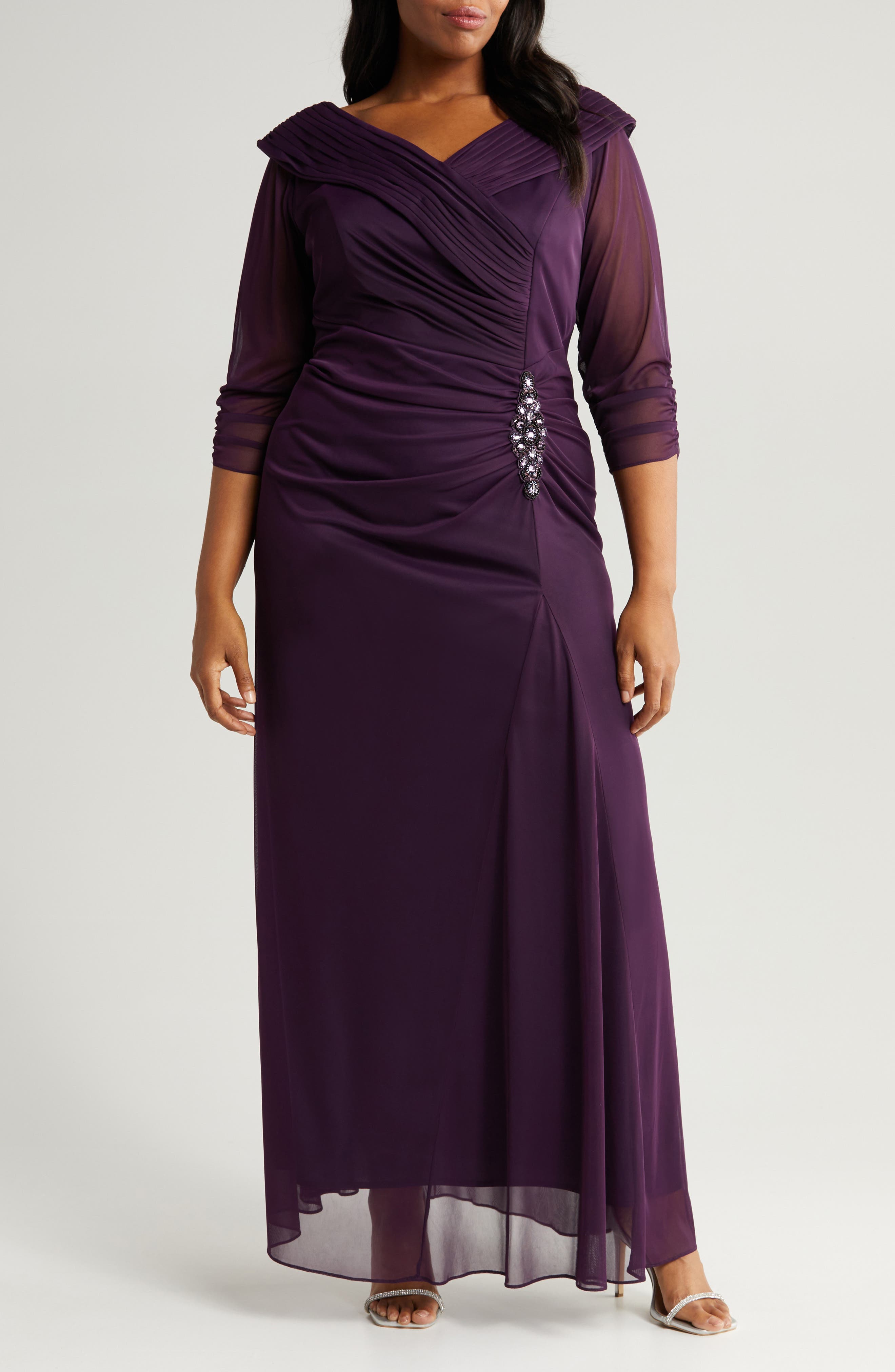 Alex Evenings Rhinestone Detail Portrait Collar Gown