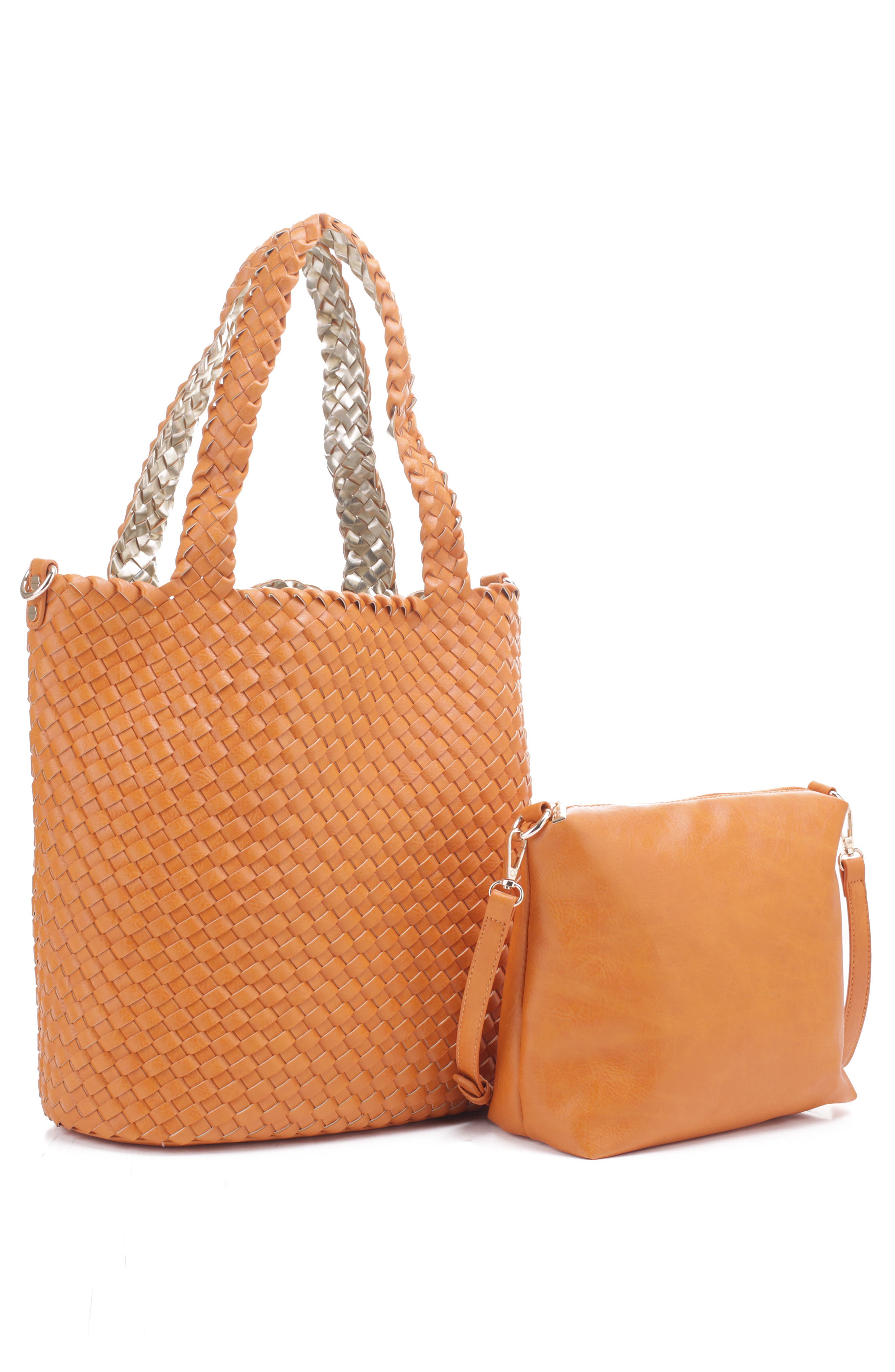 Ray Convertible Woven Vegan Leather Tote, Alternate, color, ORANGE