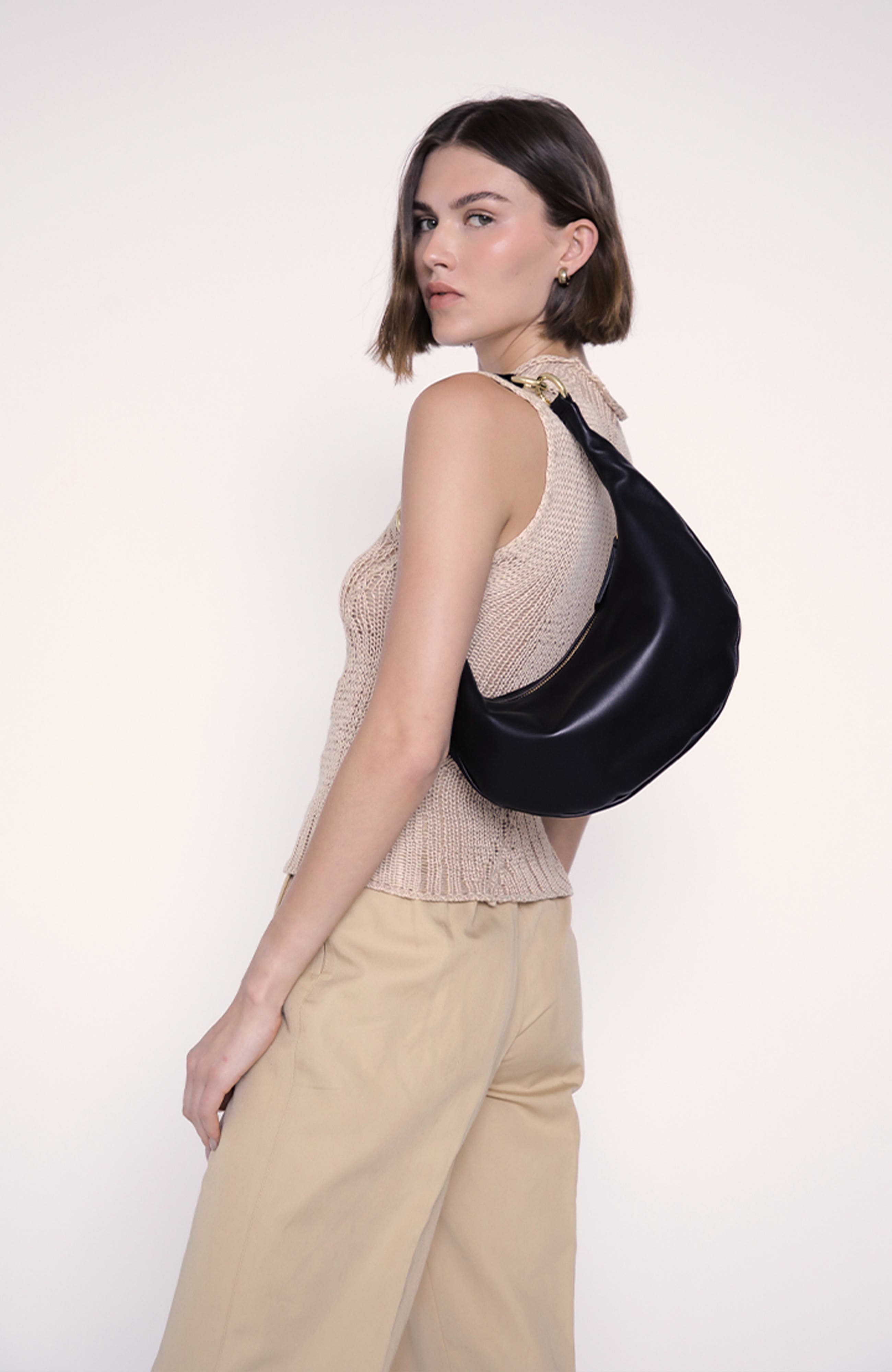 HYER GOODS Small Leather Convertible Hobo Crescent Ring Bag, Alternate, color, Black/Gold