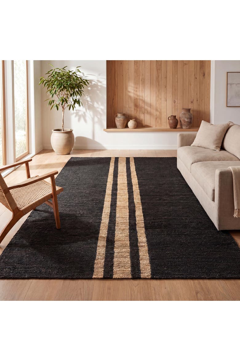 Olivier Rustic Beach House Wide Ticking Stripe Jute Area Rug, Alternate, color, Black/Natural