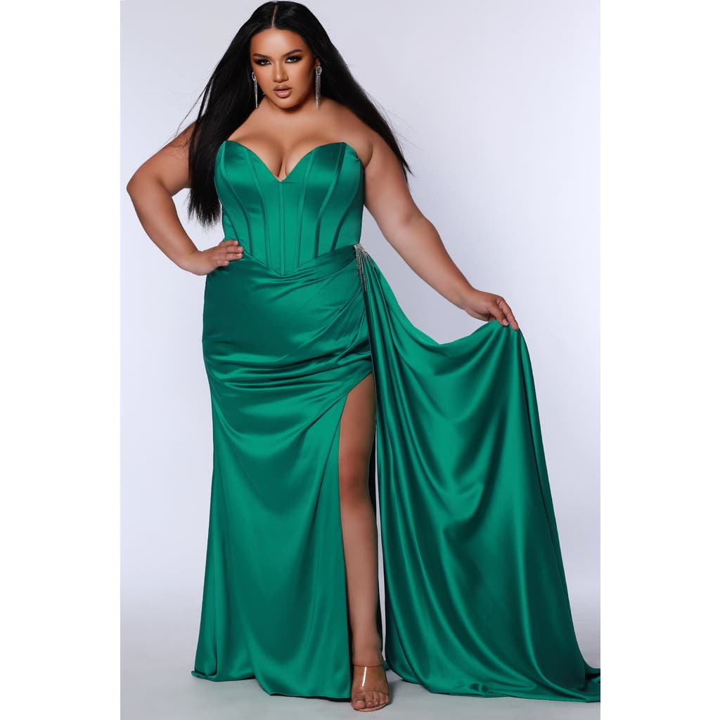 Johnathan Kayne for Sydney's Closet Plus Size Fringe Off the Shoulder Corset Satin Gown Over Skirt Slit in Kelly Green  product
