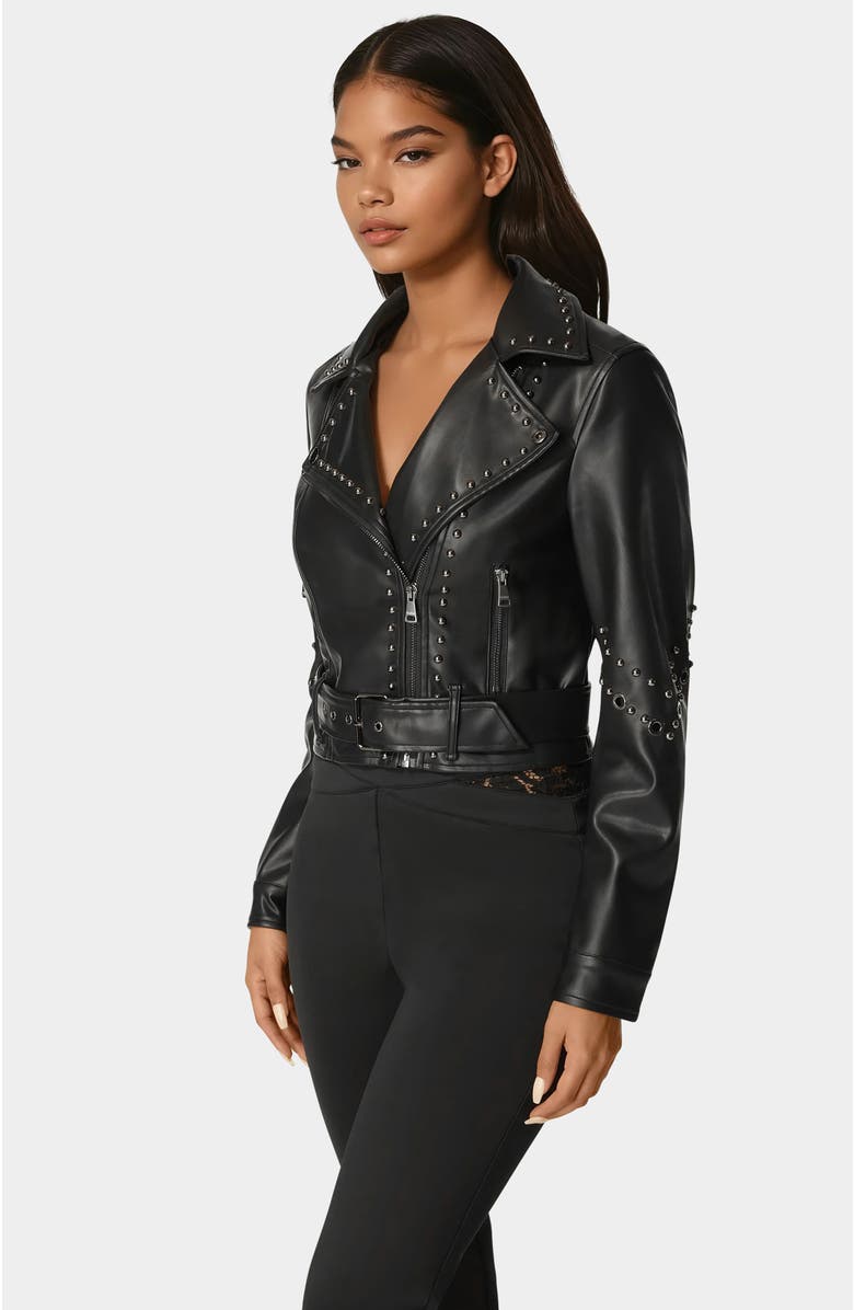 bebe Studded Vegan Leather Moto Jacket, Alternate, color, Black
