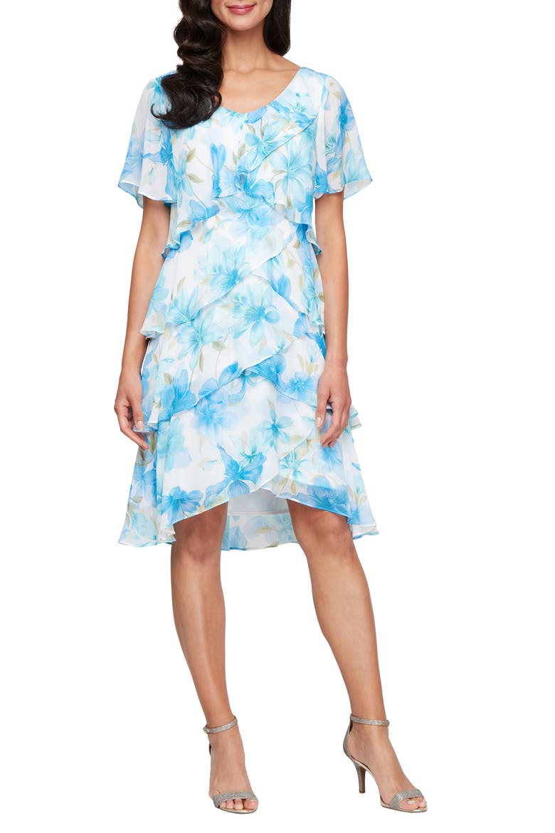 Floral Print Tiered Dress, Main, color, BLUE/ IVORY MULTI