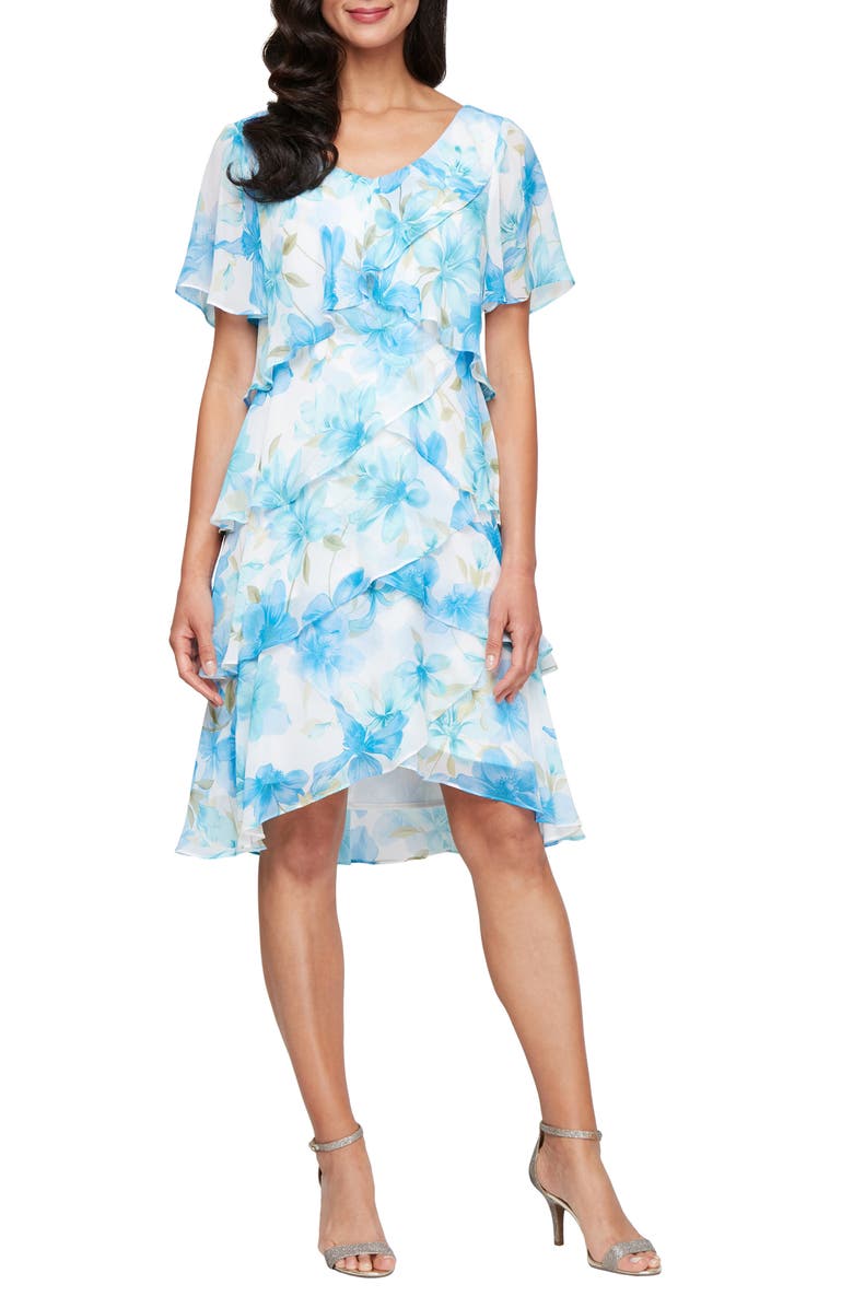 SL FASHIONS Floral Print Tiered Dress, Main, color, Blue/ Ivory Multi