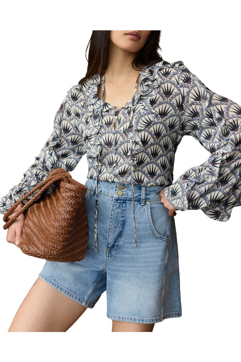 Art Deco Ruffle Tie-Neck Blouse, Alternate, color, Blue