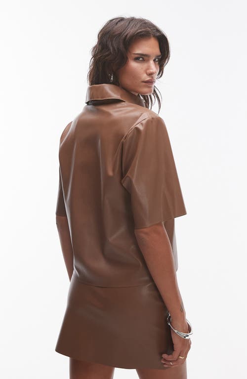 Topshop Faux Leather Button-up Shirt In Chocolate