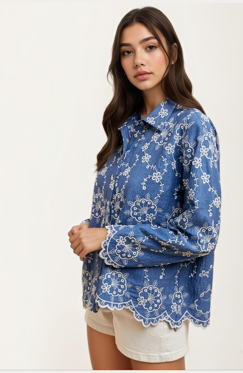 Knit and Lounge Floral Embroidered Denim Long Sleeve Blouse, Alternate, color, 