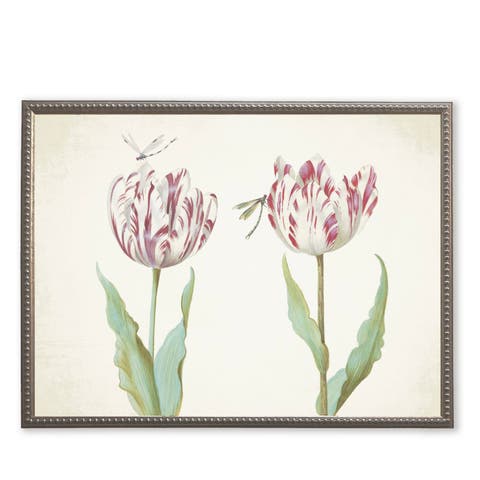 Pink Flowers with Two Dragonflies in Silver-Beaded Frame