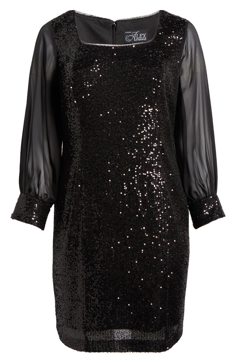 Alex Evenings Sequin & Chiffon Long Sleeve Cocktail Dress, Alternate, color, Black