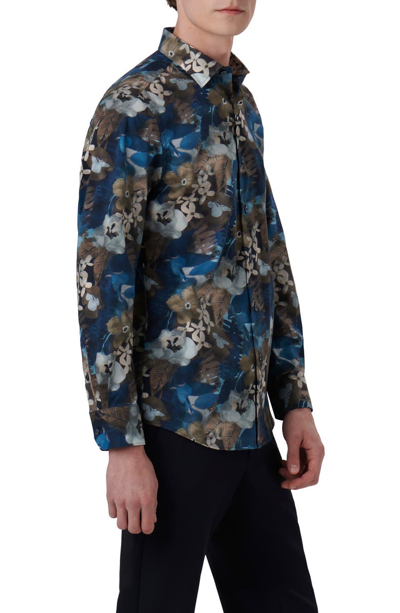 Bugatchi Julian Shaped Fit Watercolor Floral Print Stretch Cotton Button-Up Shirt, Alternate, color, 