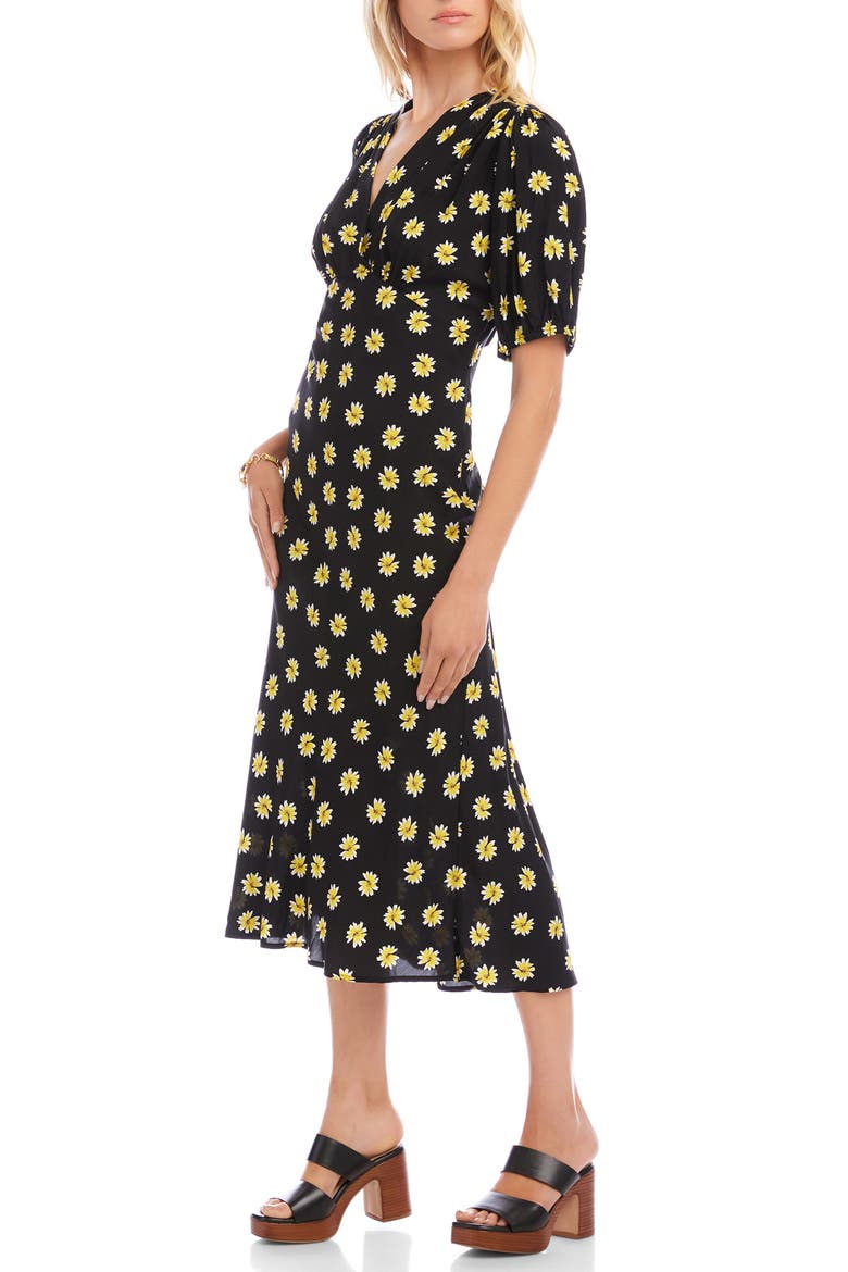 Daisy Print Puff Sleeve Midi Dress, Alternate, color, BLACK PRINT