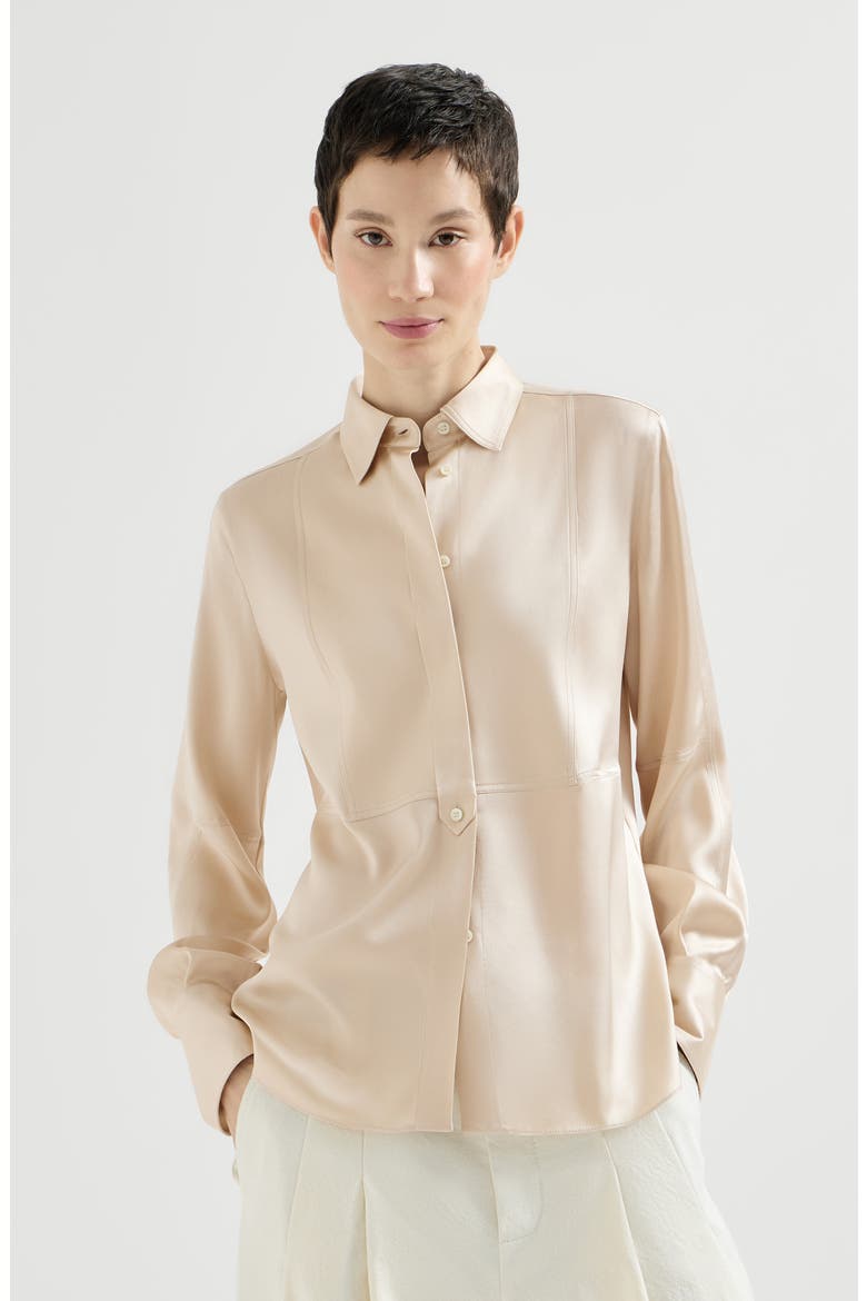 Stretch silk satin shirt with monili, Main, color, Sand