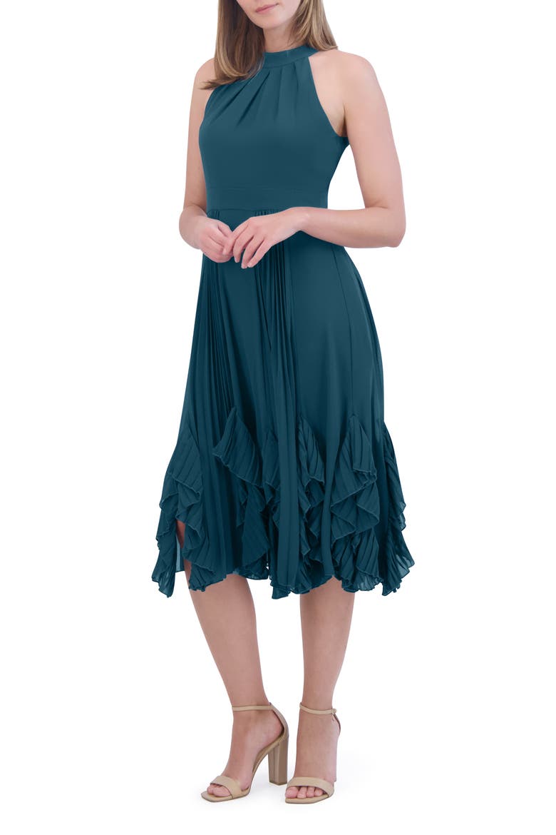 Ruffle Pleat Halter Neck Cocktail Dress, Alternate, color, TEAL
