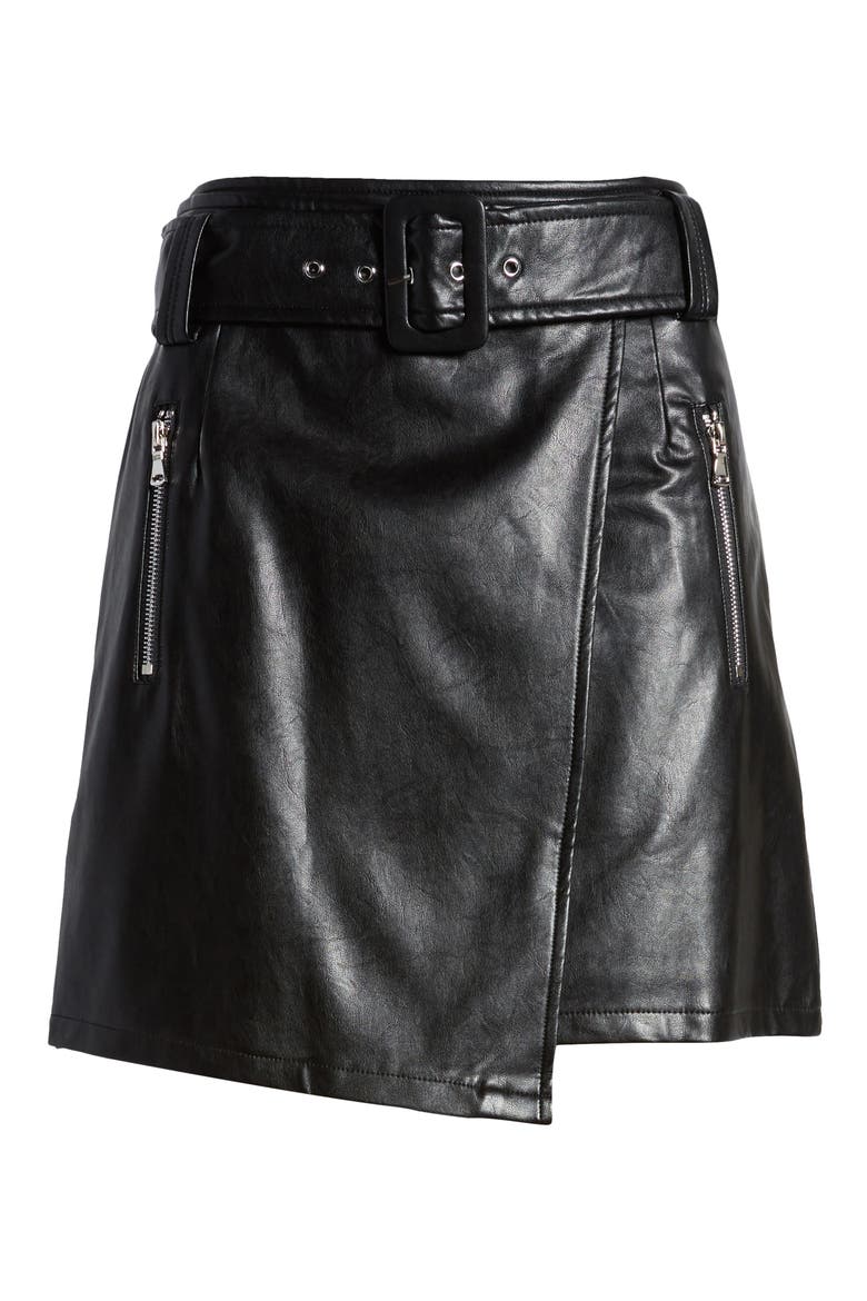 Faux Leather Wrap Miniskirt, Alternate, color, BLACK