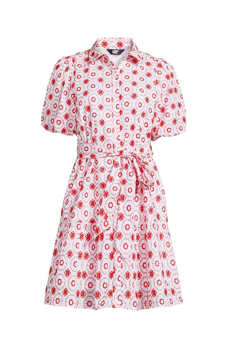 Lands' End Elbow Sleeve Eyelet Knee Length Shirt Dress, Alternate, color, White/Poppy Mosaic Eyelet