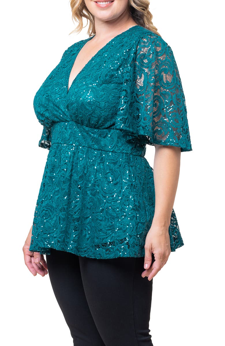 Kiyonna Stardust Sequin Lace Peplum Top, Alternate, color, Teal Topaz