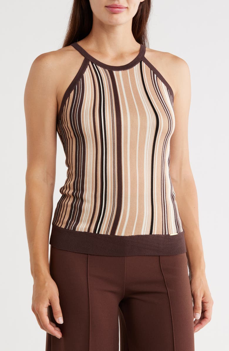 ELIE ELIE TAHARI Stripe Rib Tank Top, Main, color, Chocolate Combo