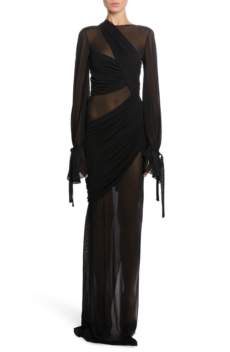 TOM FORD Draped Long Sleeve Sheer Jersey Gown, Alternate, color, 