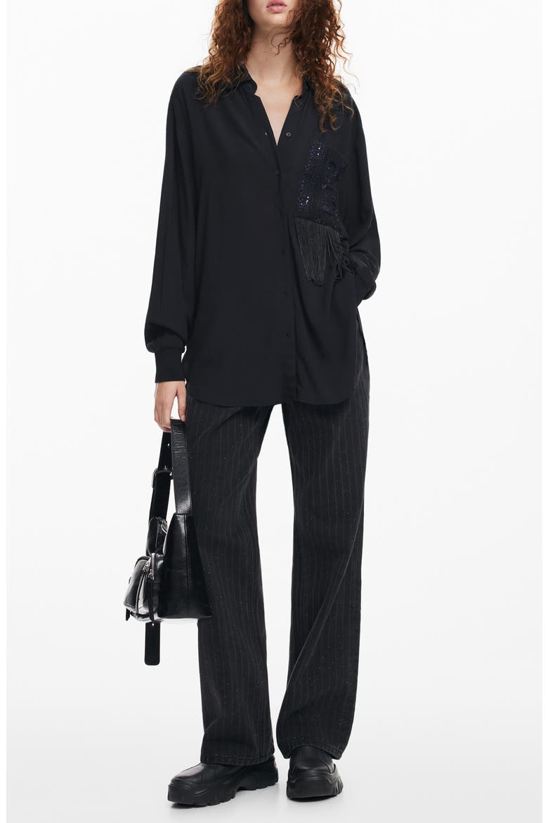 Cam Sapporo Sequin Fringe Pocket Shirt, Alternate, color, BLACK