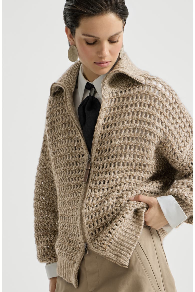 Dazzling soft virgin wool and cashmere net cardigan, Alternate, color, Light Brown