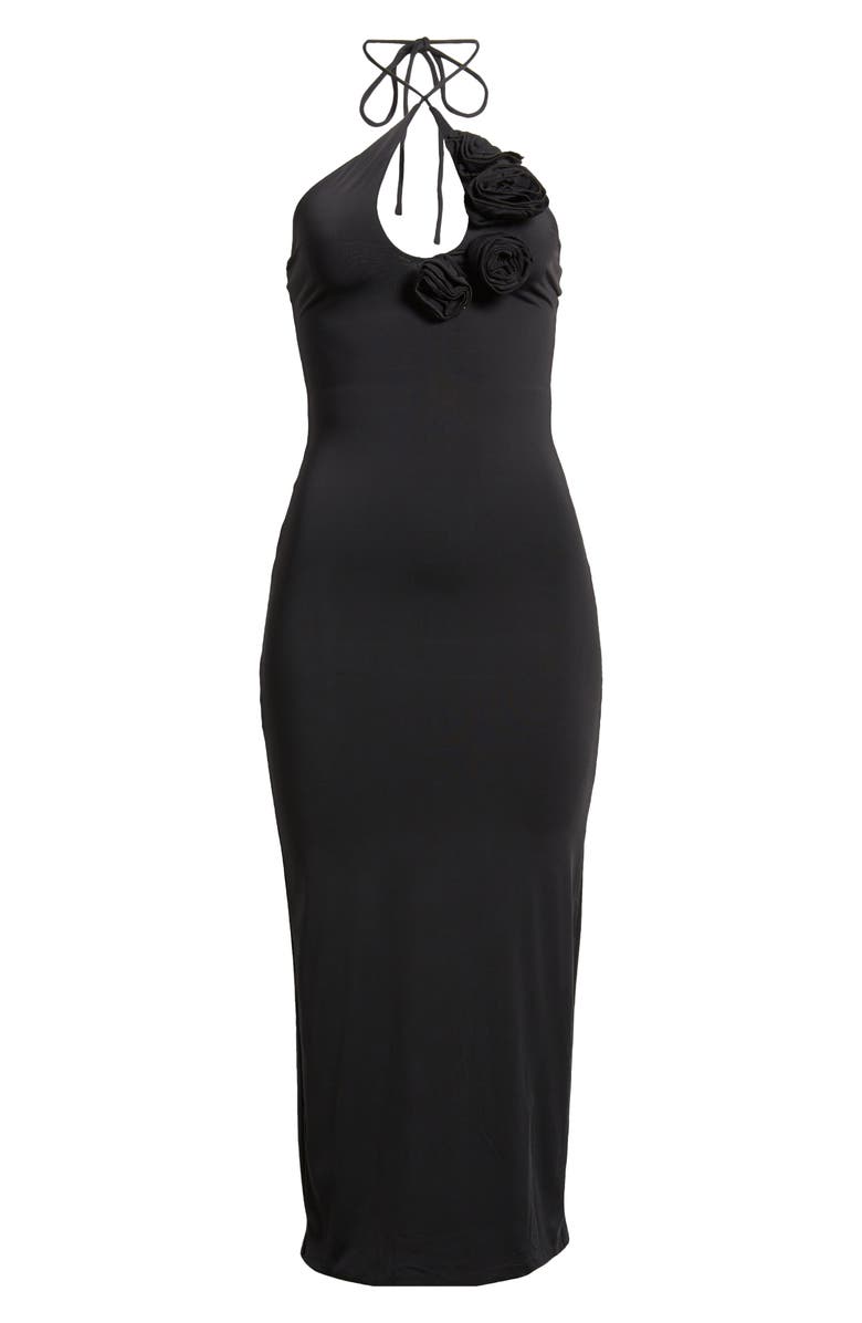 Bardot Erika Rosette Cutout Halter Cocktail Midi Dress, Alternate, color,