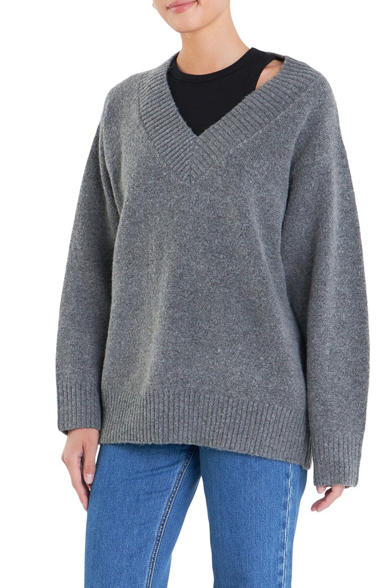 Oversize V-Neck Sweater, Alternate, color, CHARCOAL