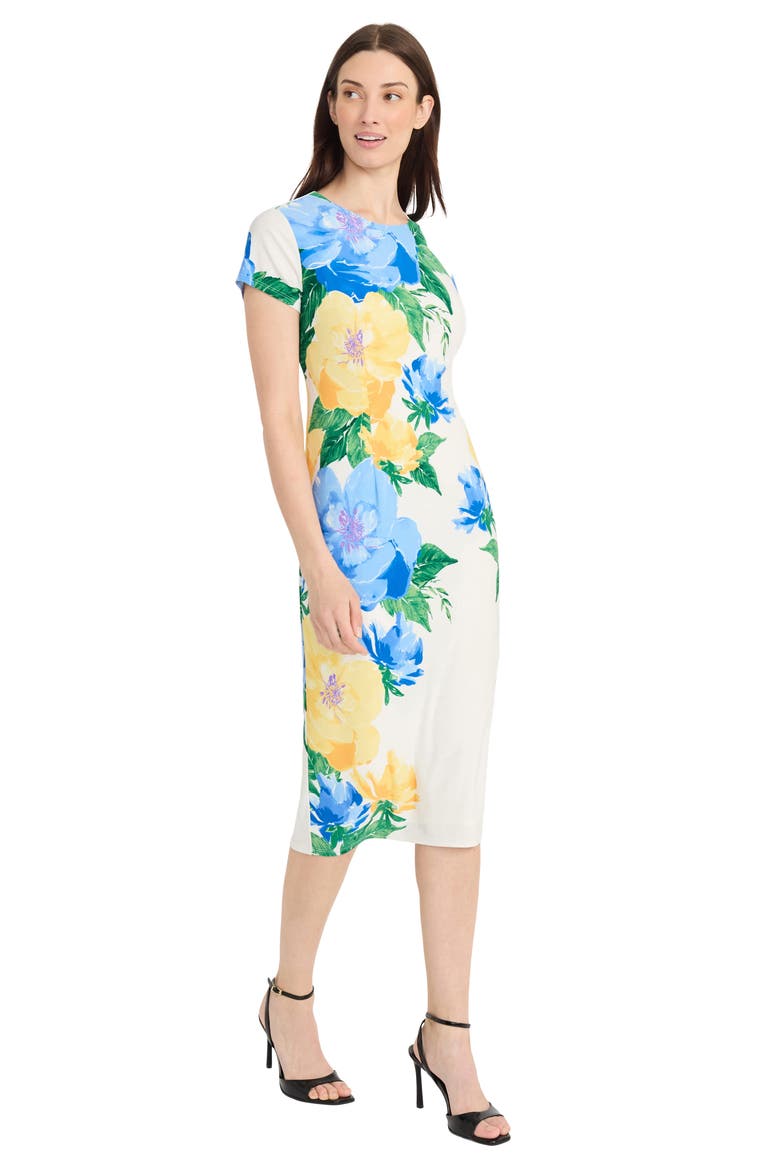Floral Short Sleeve Sheath Midi Dress, Alternate, color, SOFT WHITE/ YELLOW