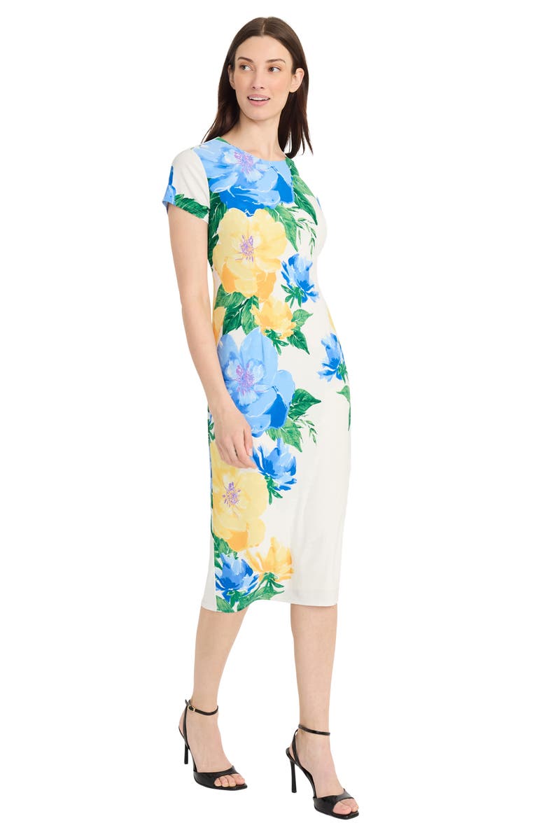 Maggy London Floral Short Sleeve Sheath Midi Dress, Alternate, color, Soft White/ Yellow