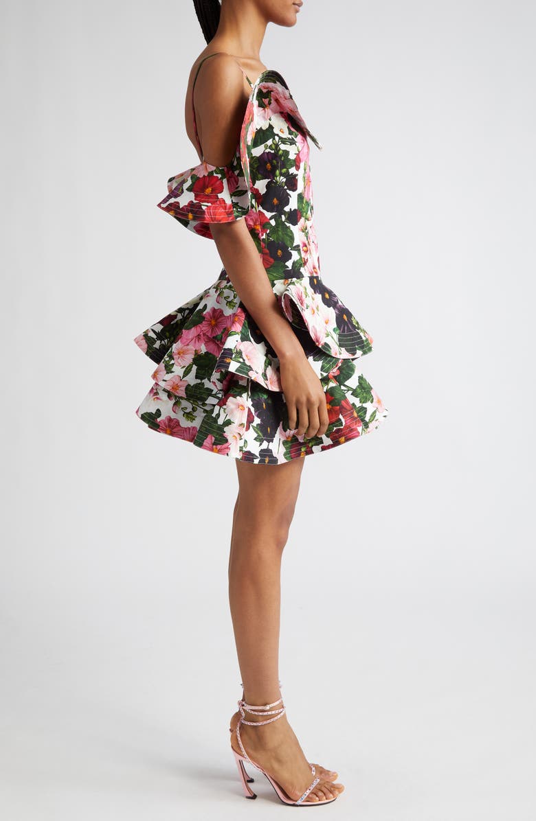 Oscar de la Renta Hollyhock Print Cold Shoulder Stretch Cotton Poplin Minidress, Alternate, color, 