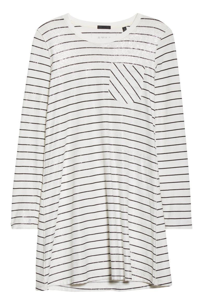 Stripe Shimmer Long Sleeve T-Shirt Dress, Alternate, color, CHALK/ BLACK COMBO