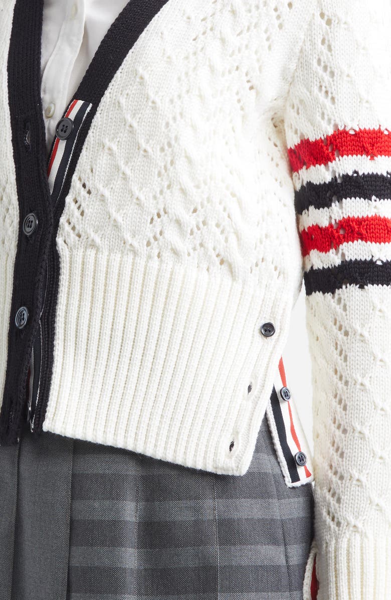 Thom Browne 4-Bar Cable Stitch Virgin Merino Wool Cardigan, Alternate, color, White