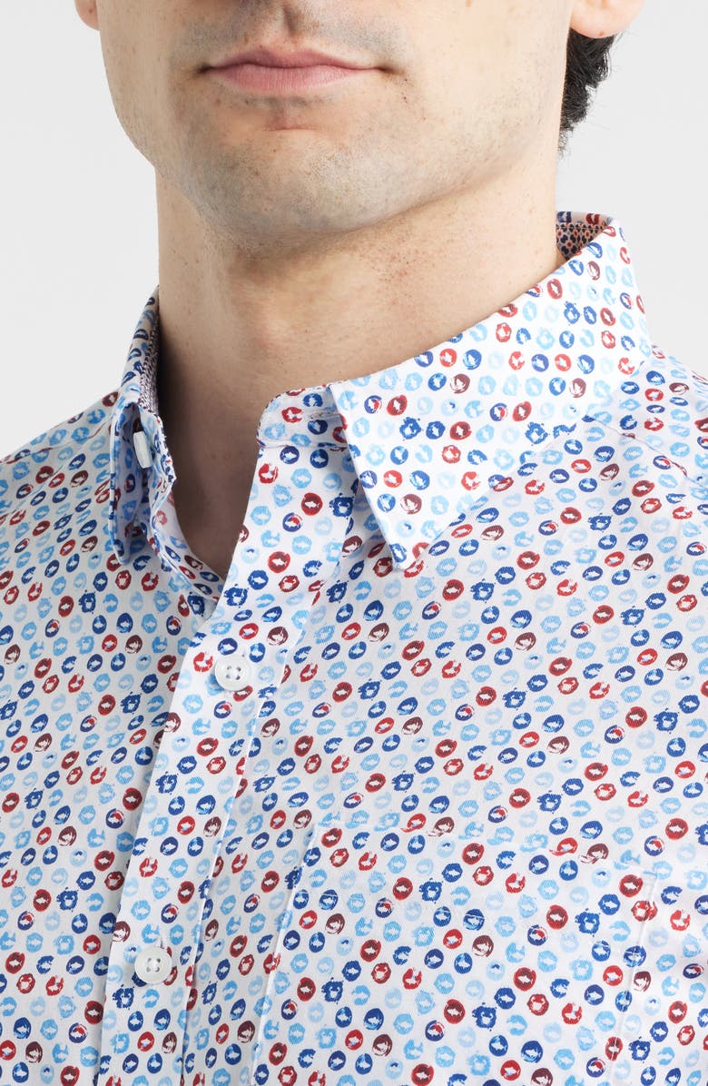 Johnston & Murphy Logan Dot Print Short Sleeve Cotton Blend Button-Up Shirt, Alternate, color, Blue / Red Ocean Icons