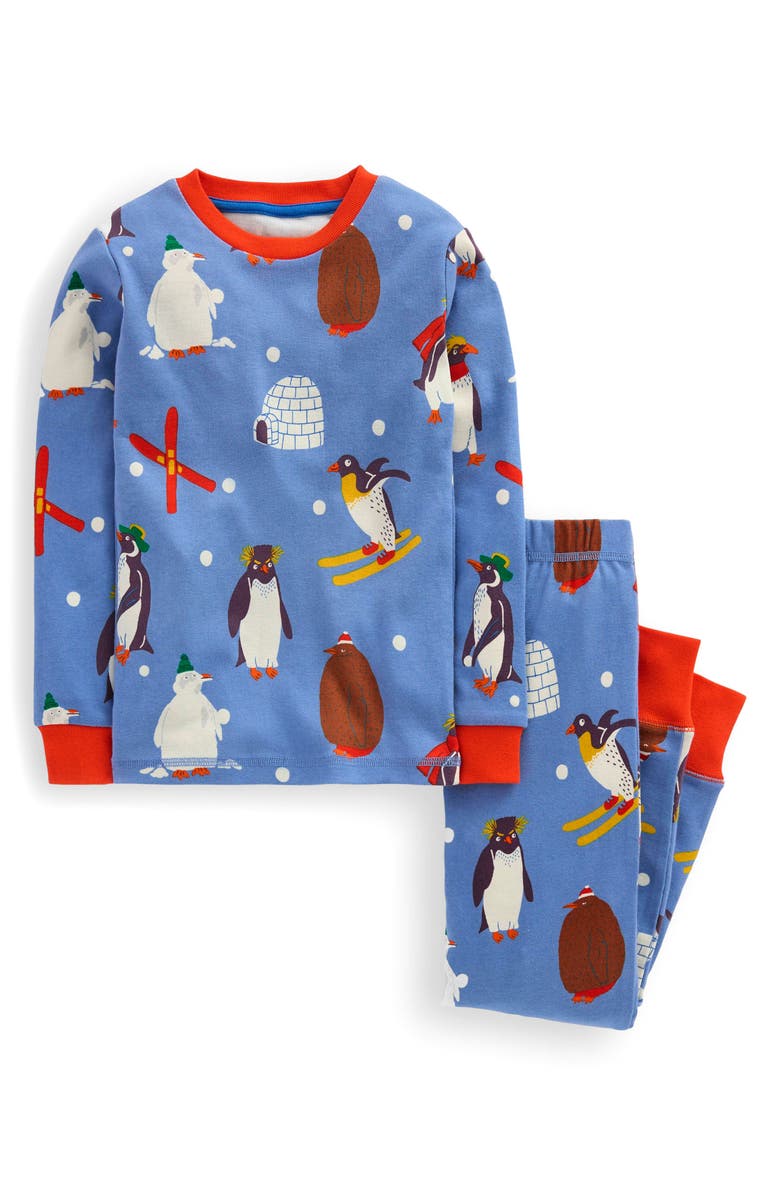 Boden Kids' Glow in the Dark Print Fitted Two-Piece Cotton Pajamas, Main, color, Blue Marl Penguins
