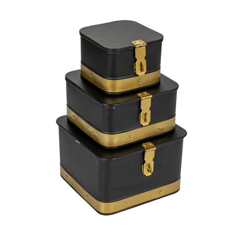 Decorative Metal Boxes with Lid, Black with Gold Band, Set of 3