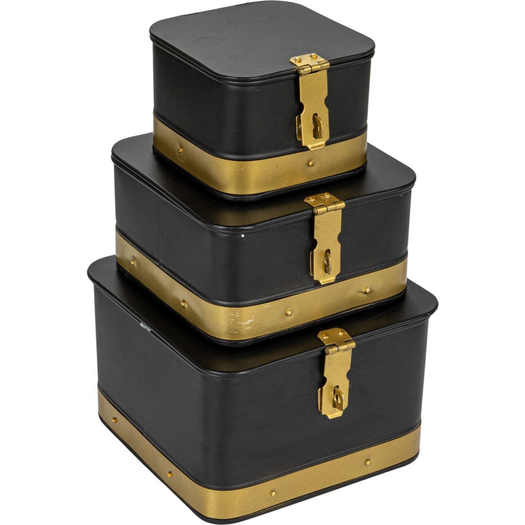Storied Home Decorative Metal Boxes With Lid, Black With Gold Band, Set Of 3 In Black