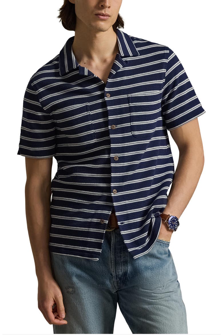 Stripe Pointelle Camp Shirt, Main, color, NEWPORT NAVY/ PALE CREAM