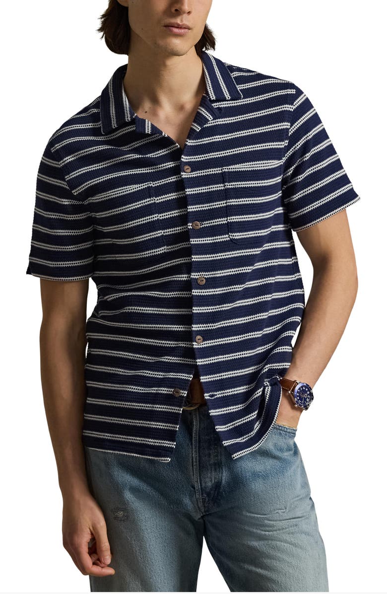Polo Ralph Lauren Stripe Pointelle Camp Shirt, Main, color, Newport Navy/ Pale Cream
