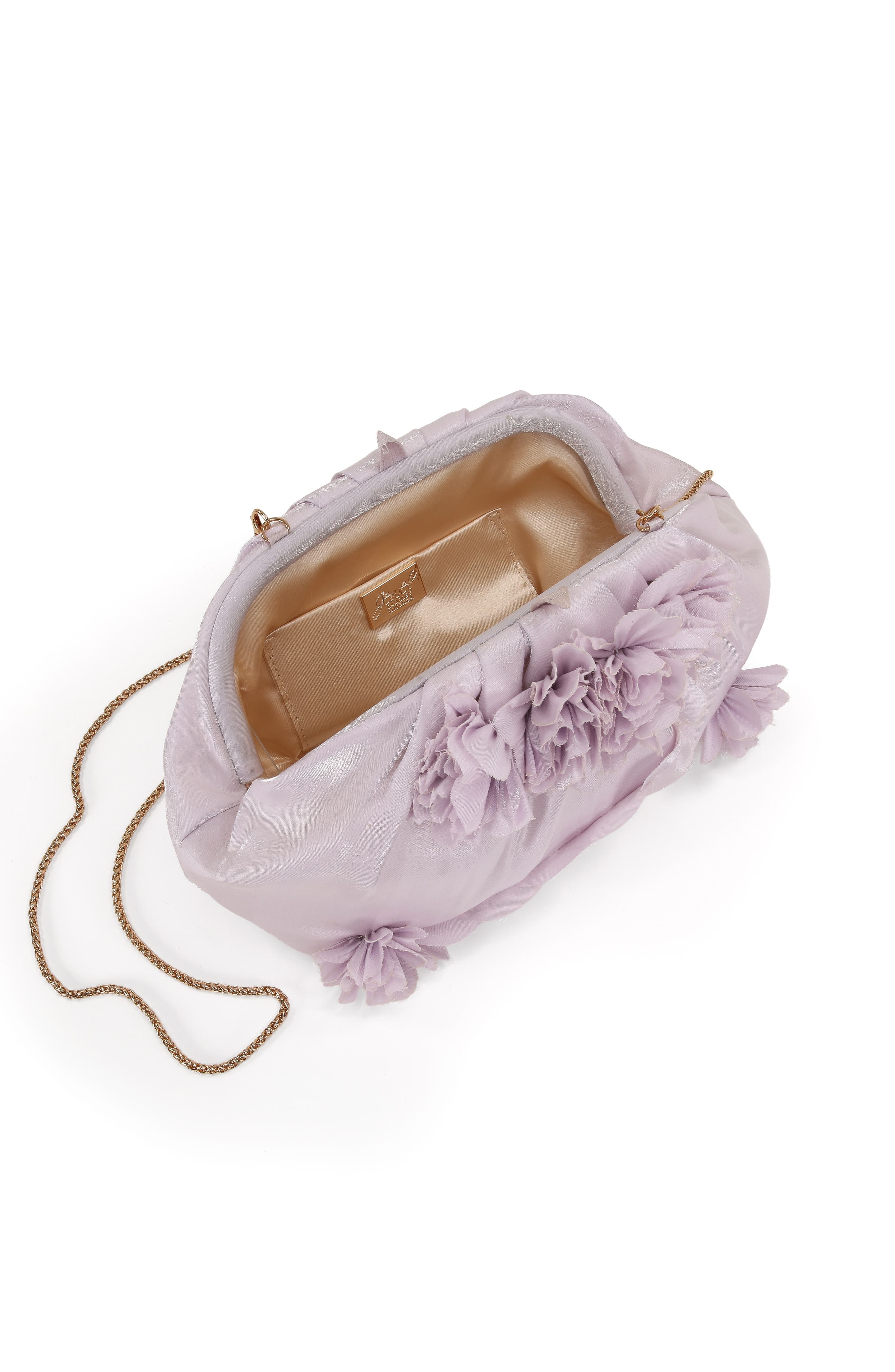 Jewel Badgley Mischka Violet Jacquard Satin Floral Applique Pouch Clutch, Alternate, color, Lilac