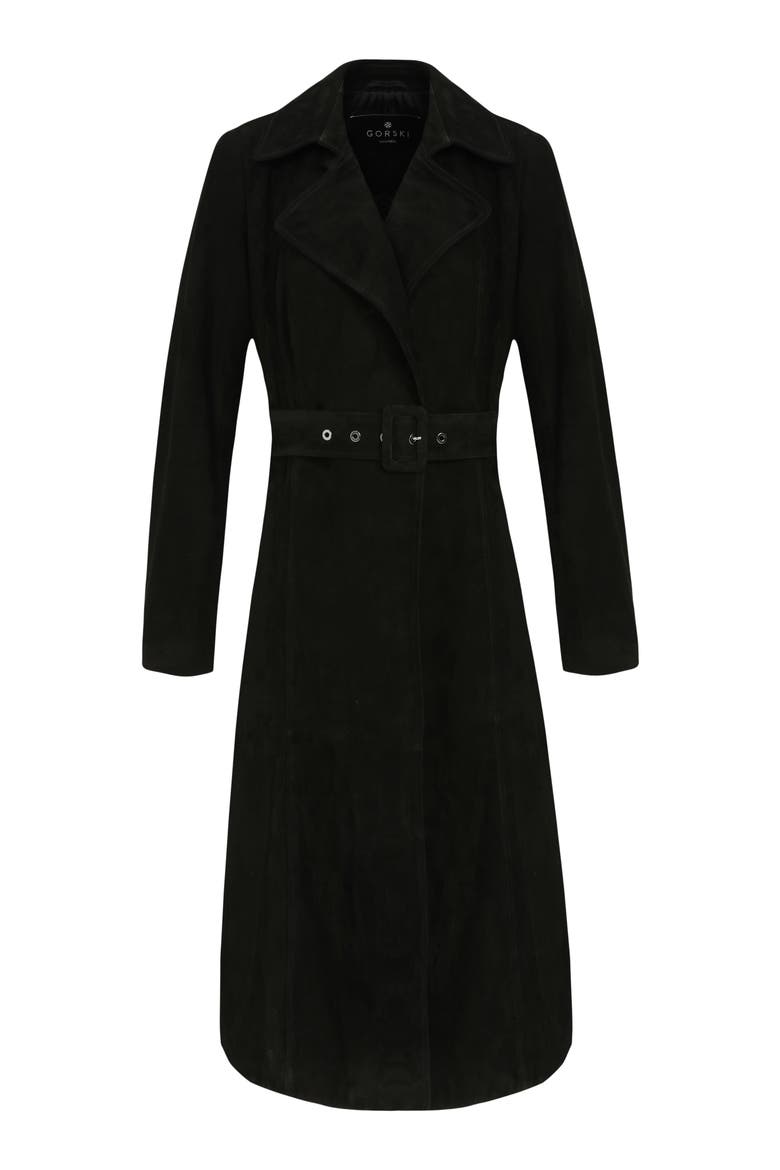 Genuine Metis Suede Belted Trench Coat, Alternate, color, BLACK
