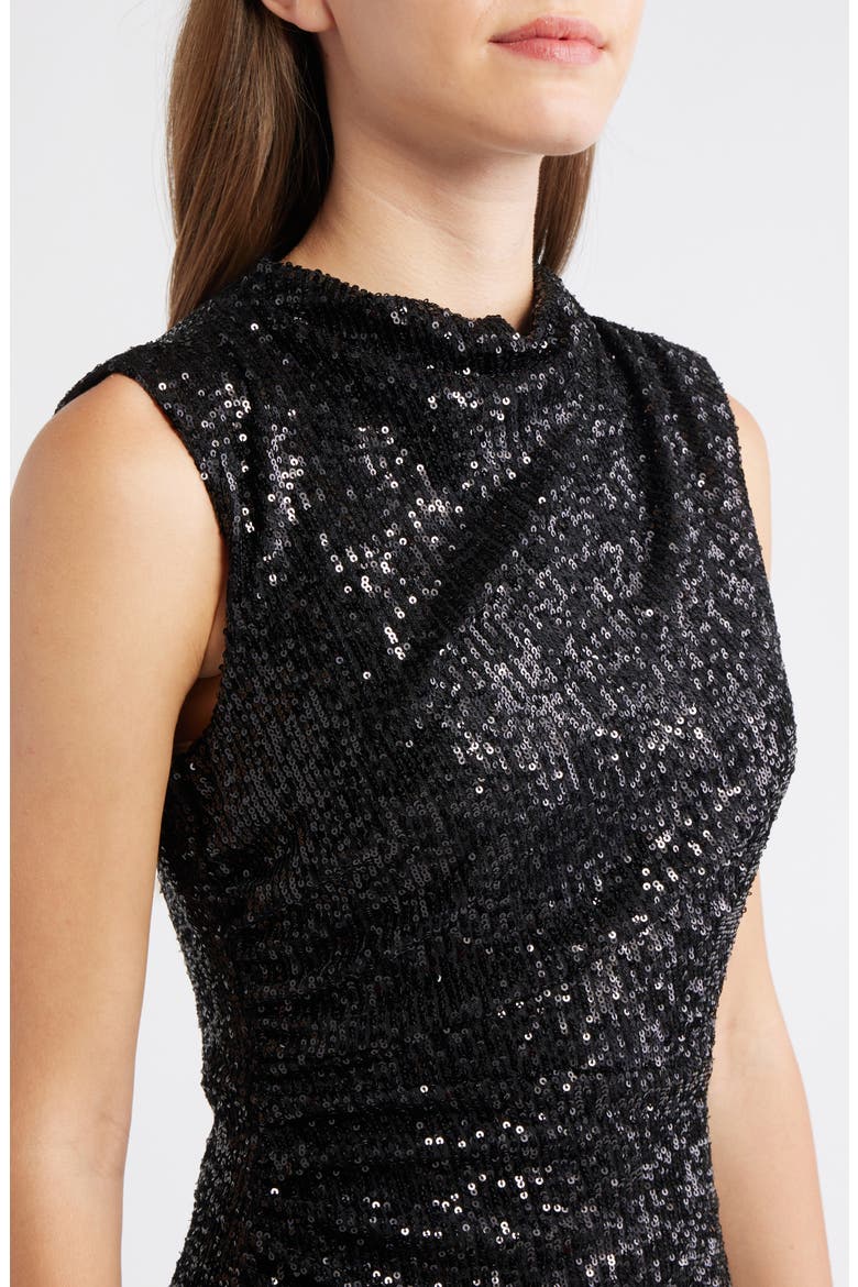 Draped Sleeveless Sequin Sheath Midi Dress, Alternate, color, ANNE BLACK