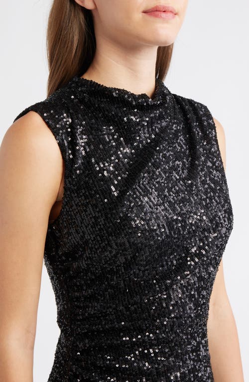 Anne Klein Draped Sleeveless Sequin Sheath Midi Dress In Black