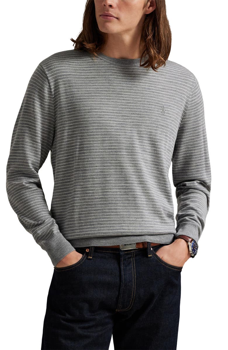 Polo Ralph Lauren Pinstripe Washable Wool Crewneck Sweater, Main, color, Grey Combo