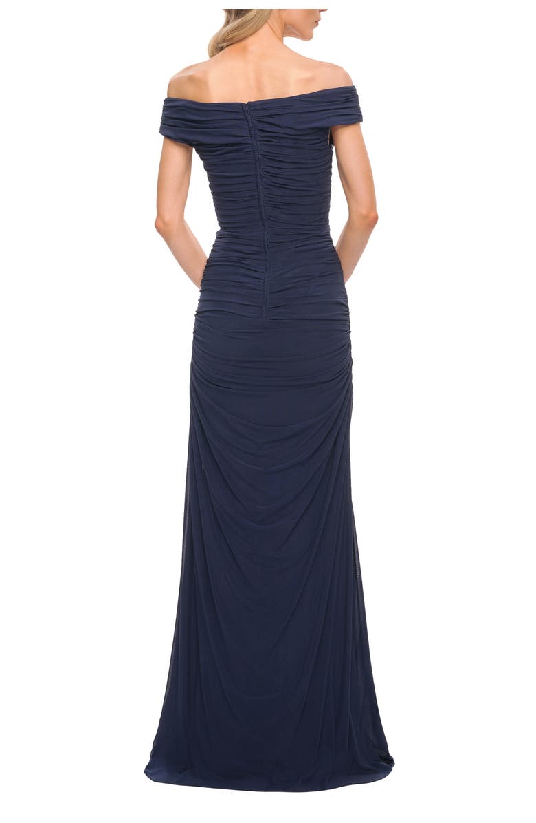 La Femme Long Ruched Gown with Off the Shoulder Top, Alternate, color, Navy
