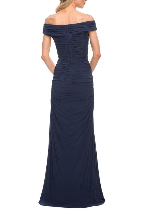 La Femme Long Ruched Gown With Off The Shoulder Top In Navy